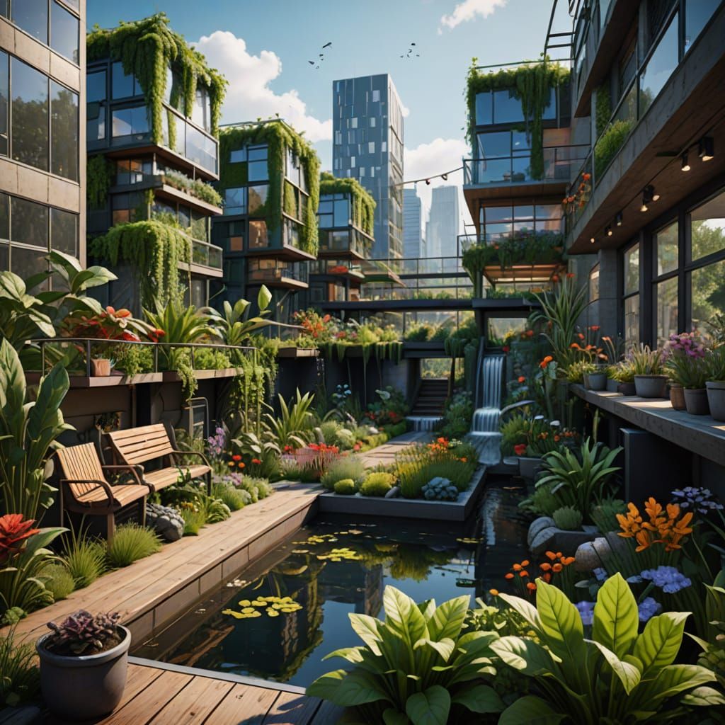 Vibrant Urban Garden Concept Art with Eco-Buildings