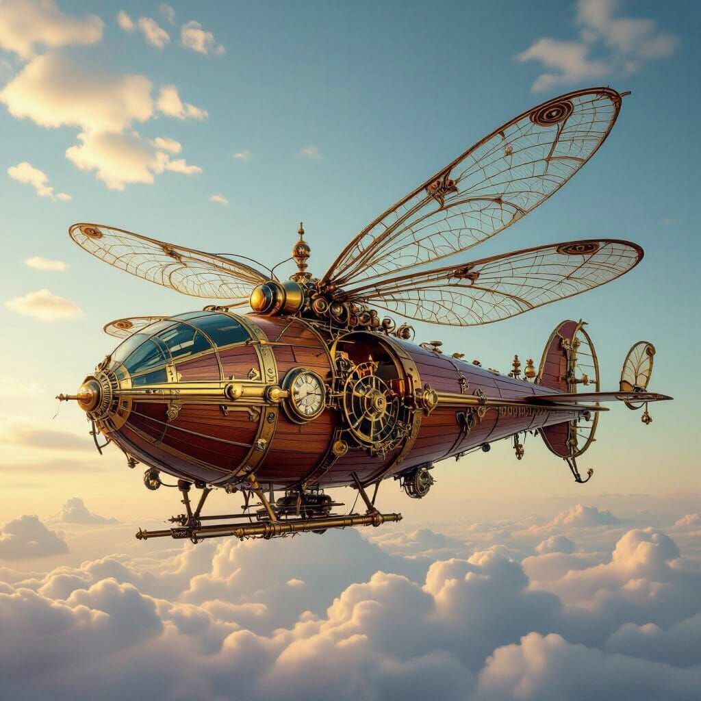 Steampunk Dragonfly Airship in a Serene Sky