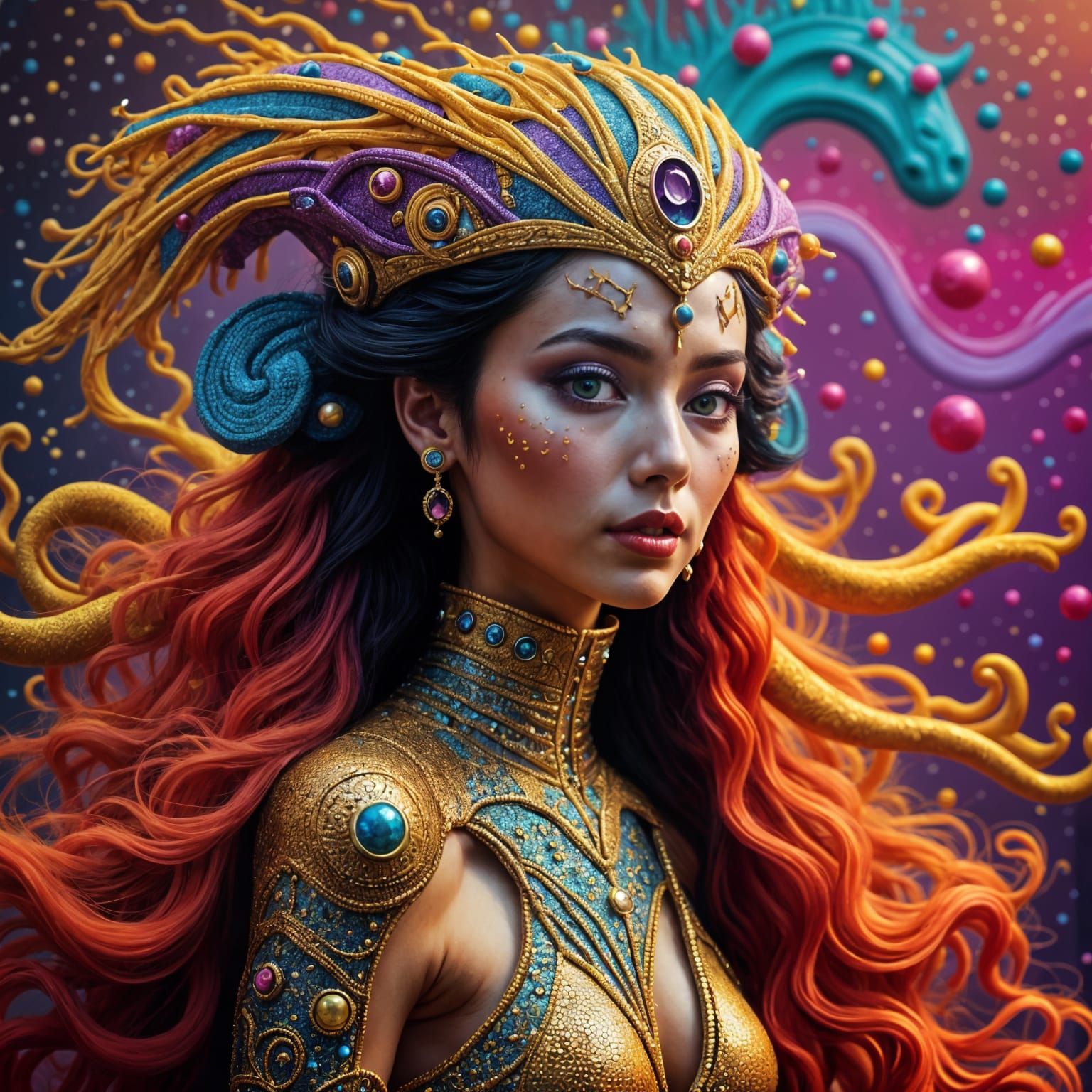 Surreal Cyberpunk Goddess with Vibrant Pastel Colors