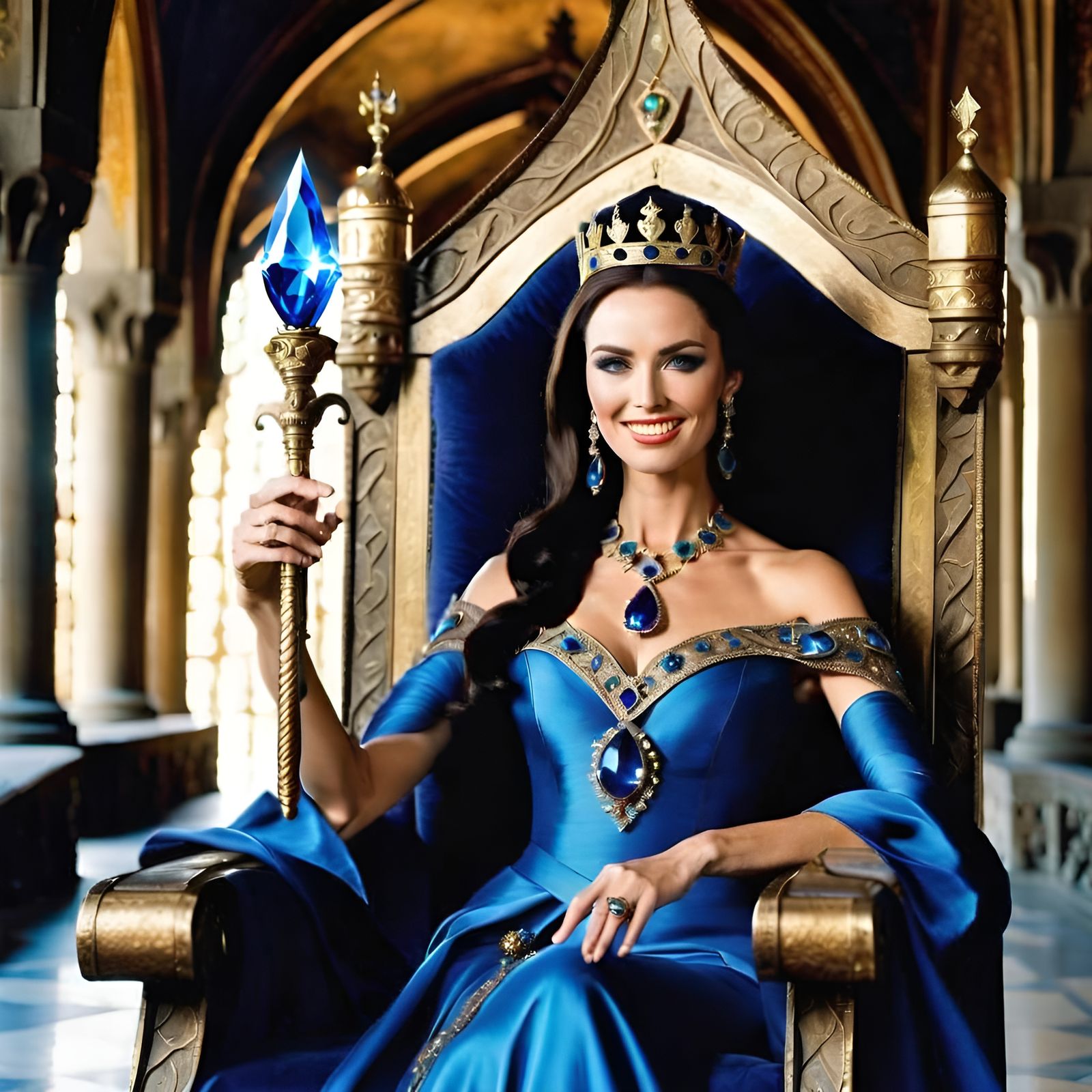 Fantasy Queen with Enchanted Scepter in Royal Palace