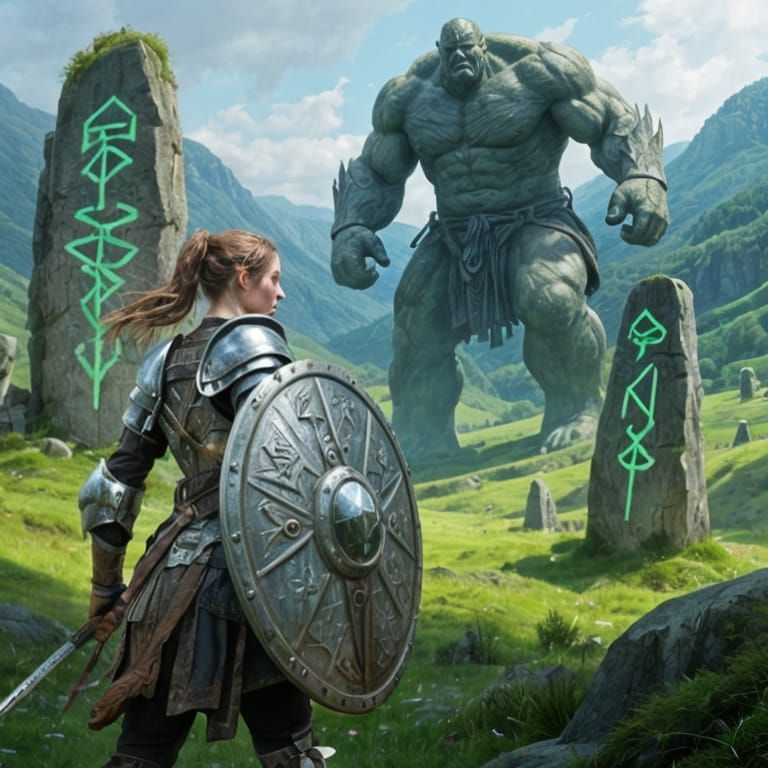 Shield-Maiden Confronts Giant in Lush Valley