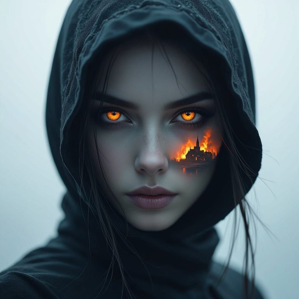 Otherworldly Creature with Burning Town Reflection