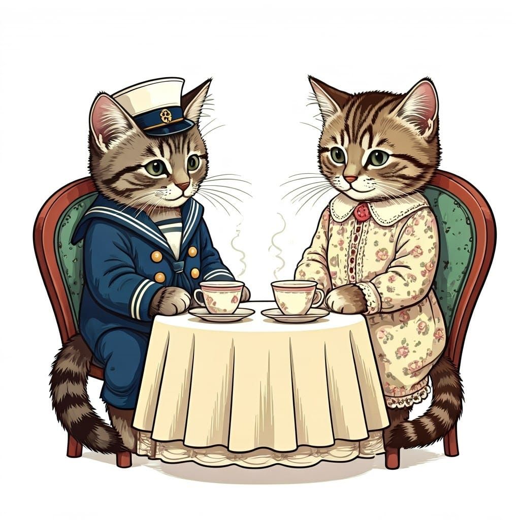 Style of Tenniel, a black and white drawing of a tabby kitte...