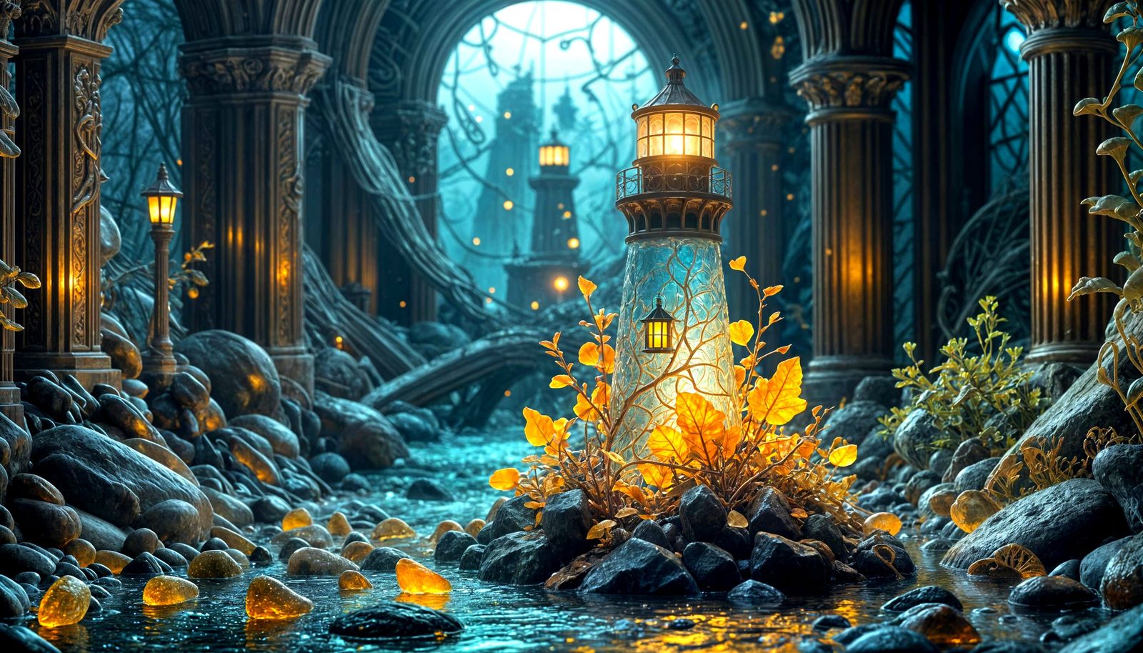 Glowing Sea Glass Lighthouse in Golden October