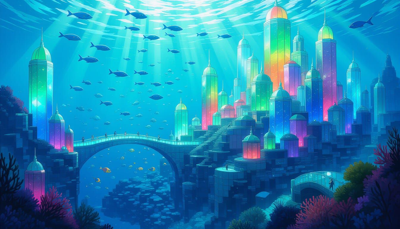 Vibrant Coral Reef City Made of Iridescent Sea Glass