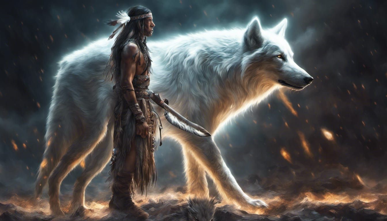 Ethereal Native American Warrior with Wolf Spirit