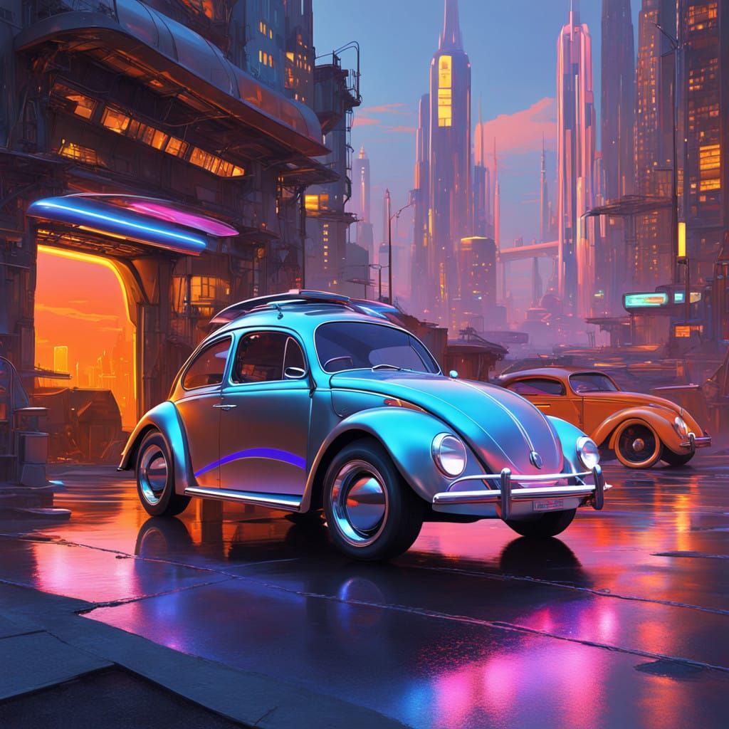 Futuristic Volkswagen Beetle 2100 in Neon-Lit Cityscape