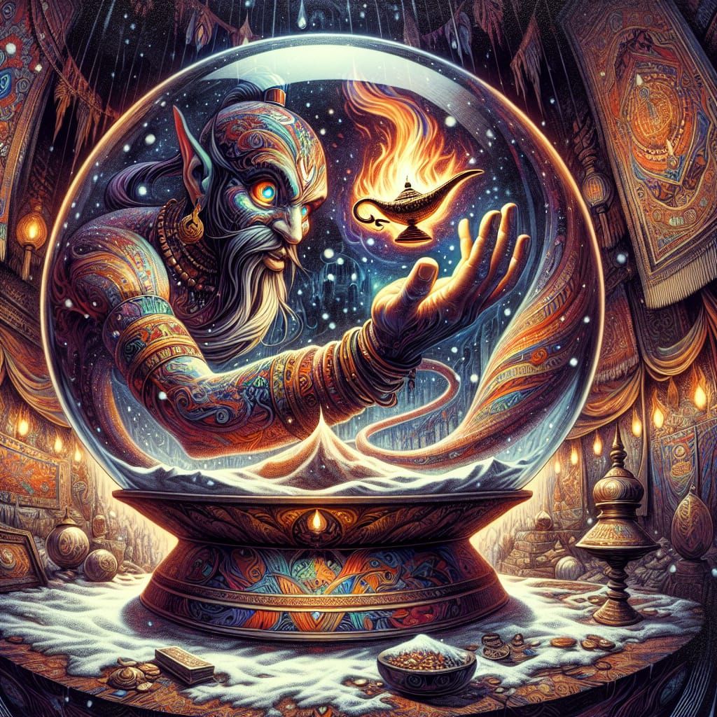 Genie Emerges in Snow Globe Treasure Cavern