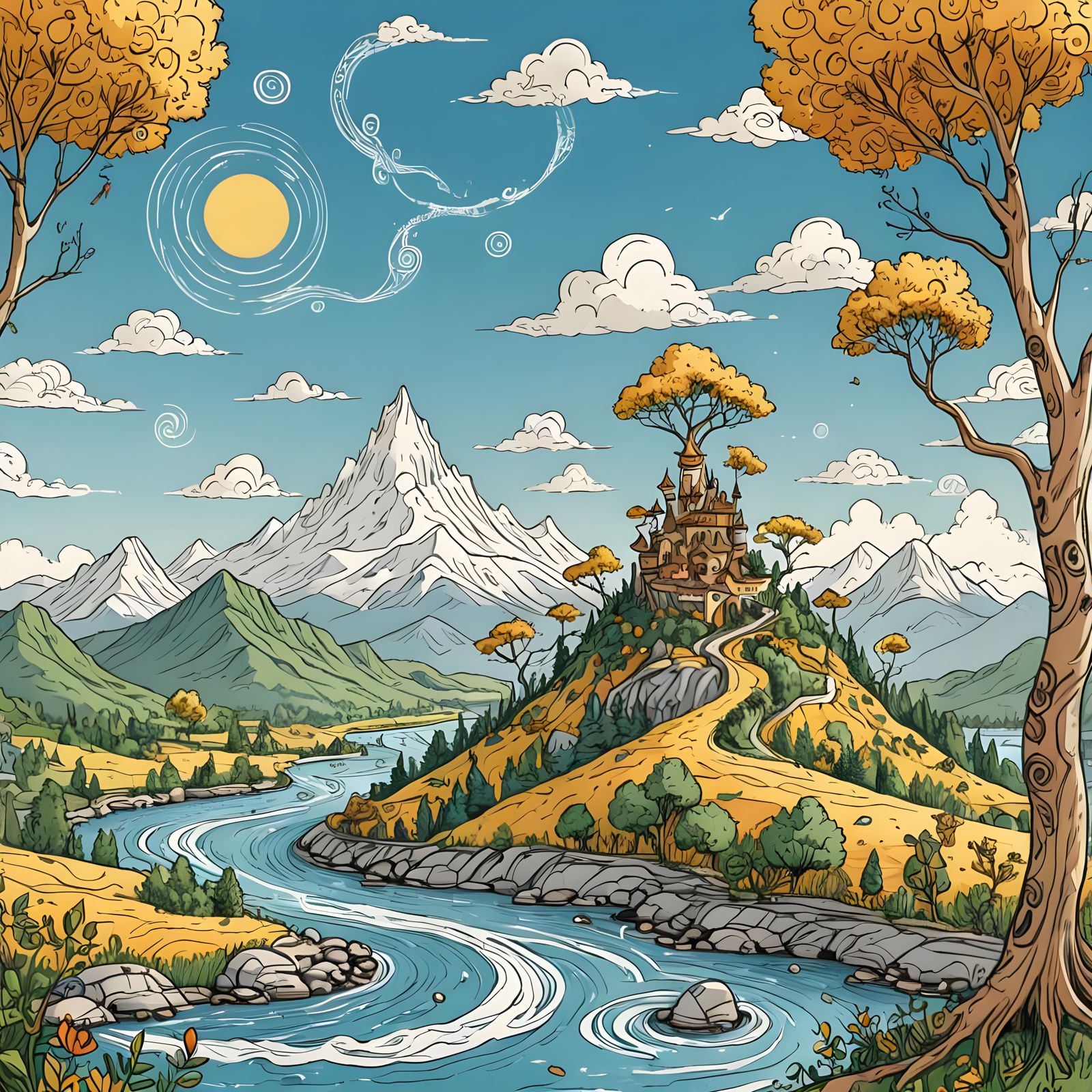 Whimsical Doodle Landscape with Quirky Elements