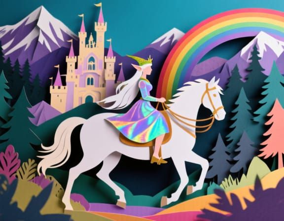 Elf Princess Riding Horse Before Castle in Paper Cutout Styl...