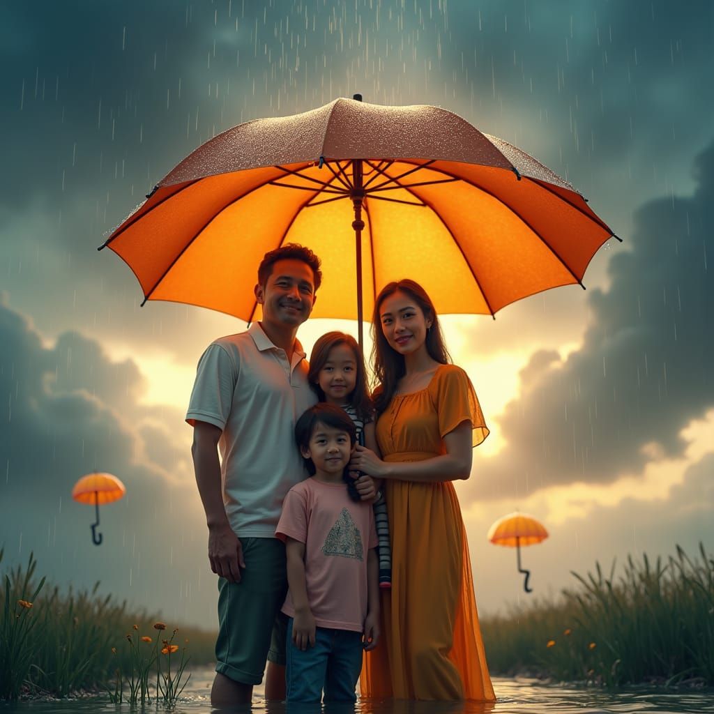 Family Protected from Storm Under Golden Umbrella