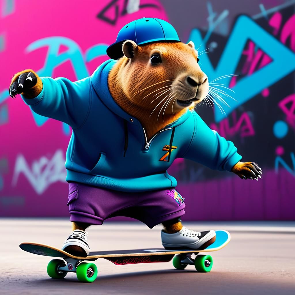 Stylish Capybara Skateboarder in Graffiti Scene