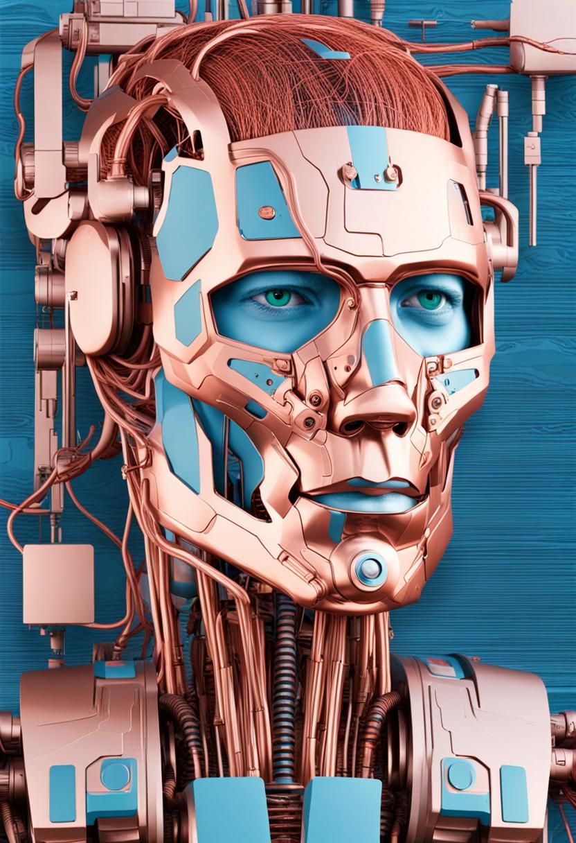 Cyborg Robot Man with Visible Robotics in Pop Art Style