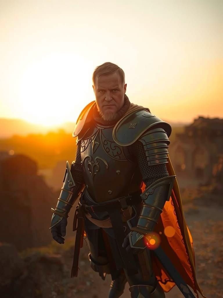 Epic Knight Suspended in Golden Dusk, Cinematic Film Still