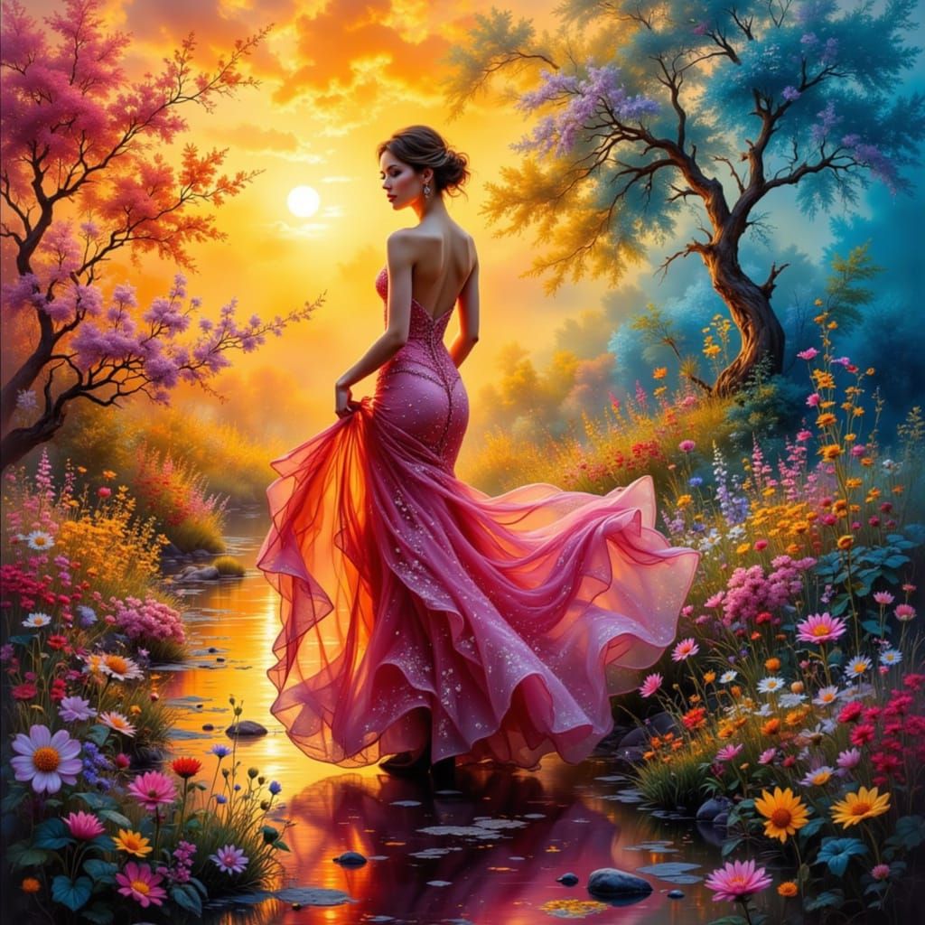 Woman in Sunset Hues Dress, Ethereal Double Exposure Paintin...