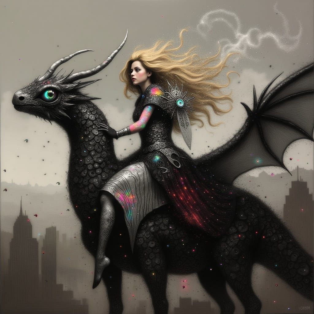 Majestic Valkyrie Soars on Dragon's Back in Futuristic, High...