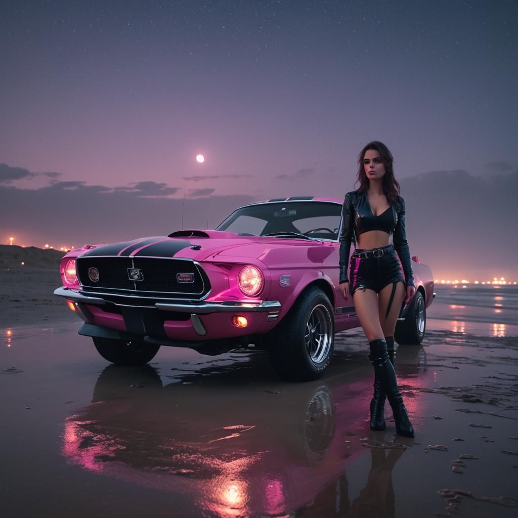 Futuristic Woman on Classic Car in Neon Night