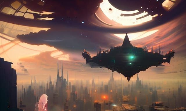 Cosmic City Floating in Outer Space: Digital Art
