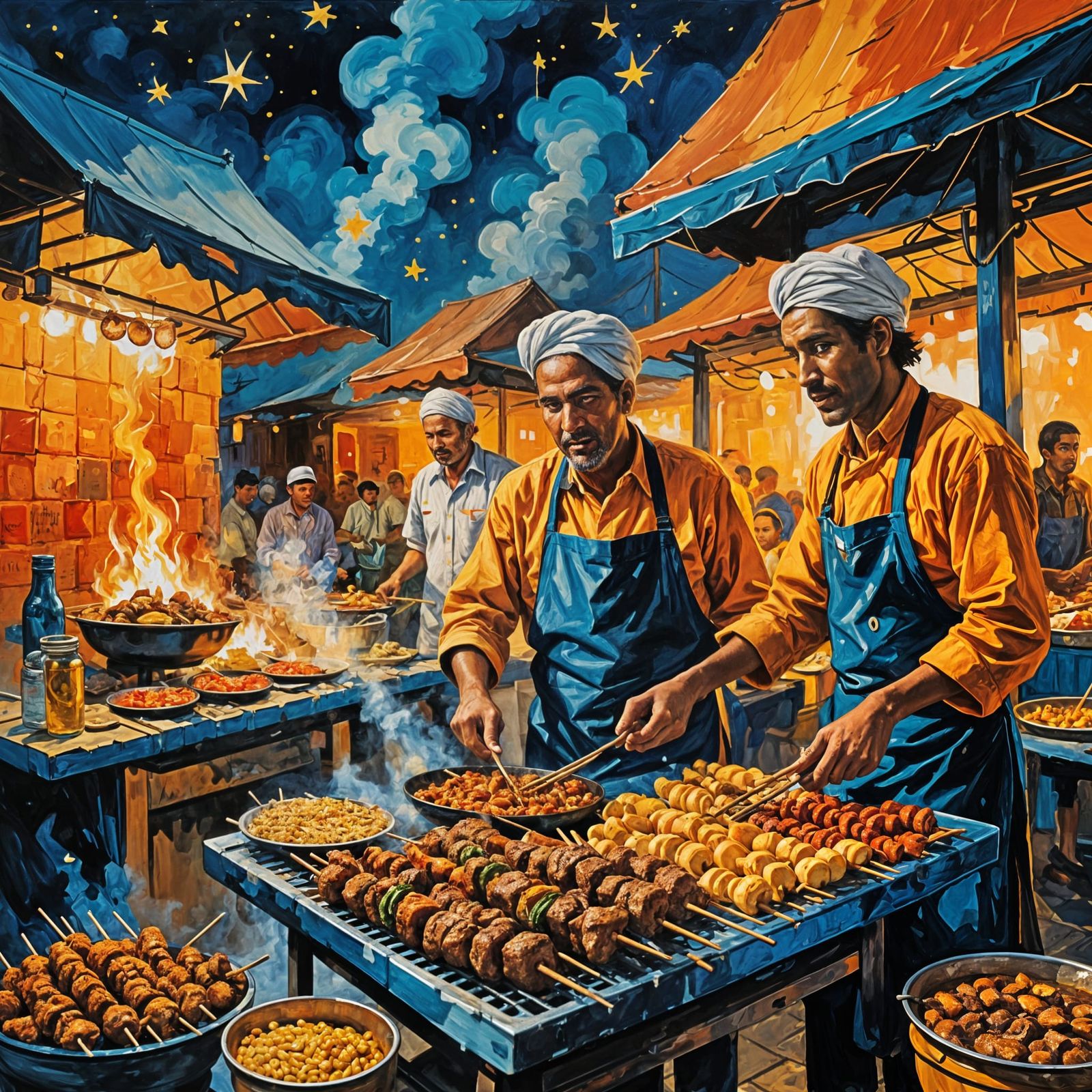 Vibrant Kebabs: An Expressionist Evening Scene