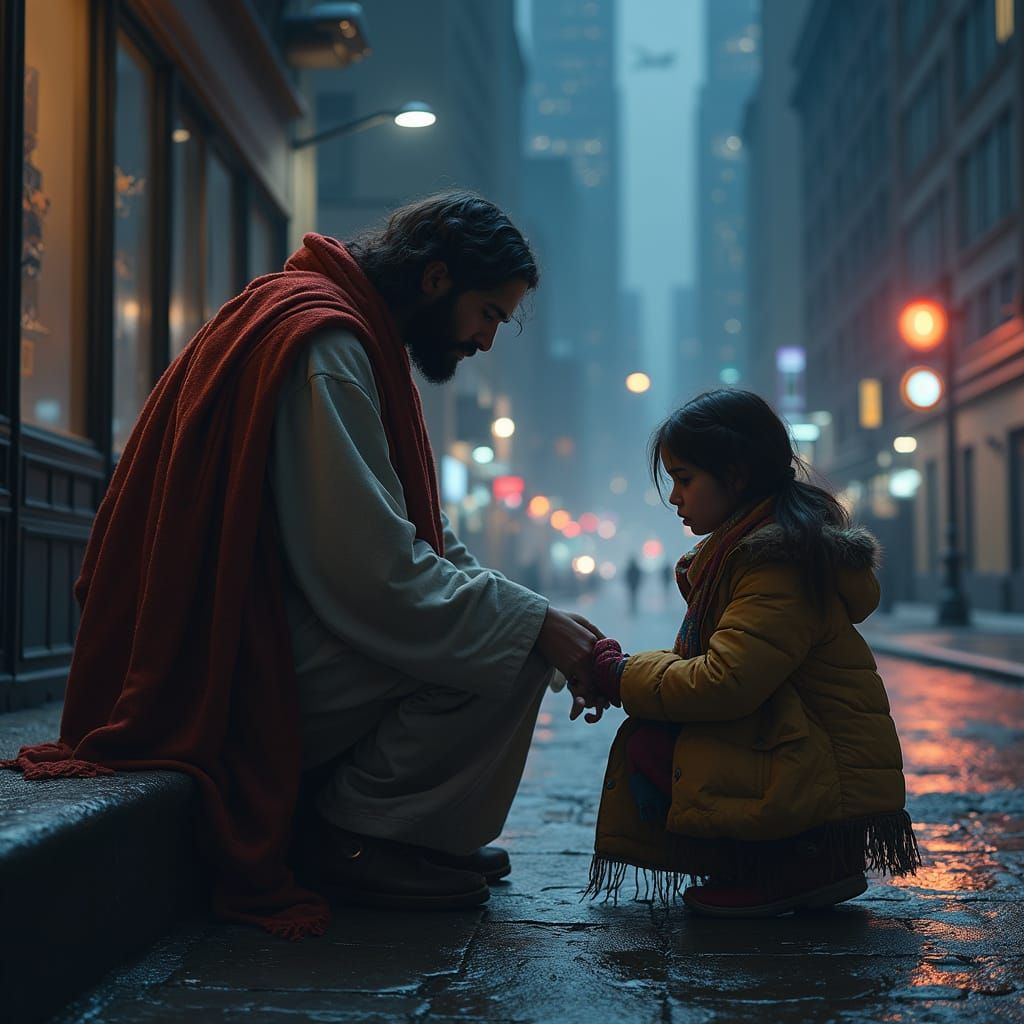 Jesus Comforts Homeless Girl: Matte Painting