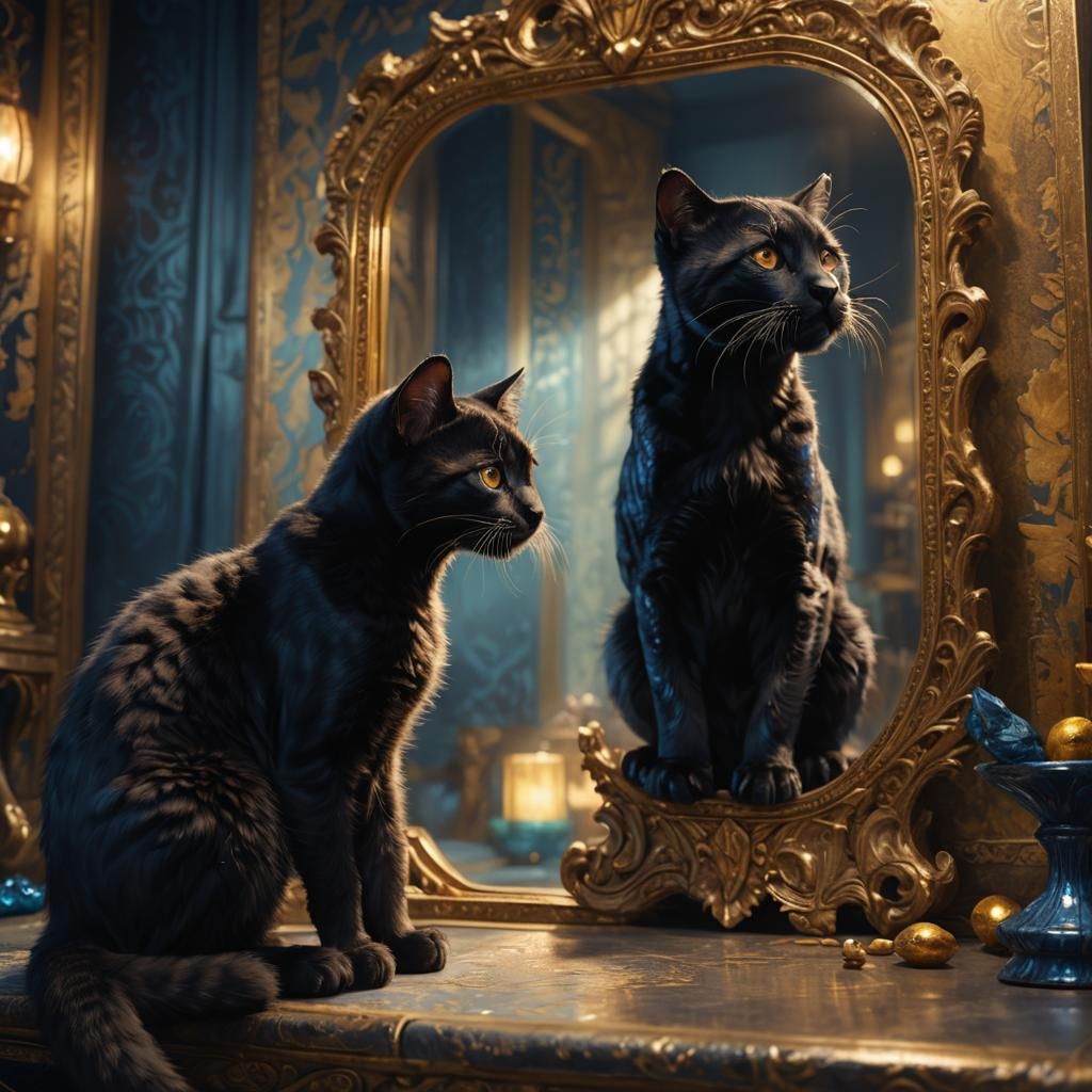 Kitten and Panther Reflection in Fantasy Art Style