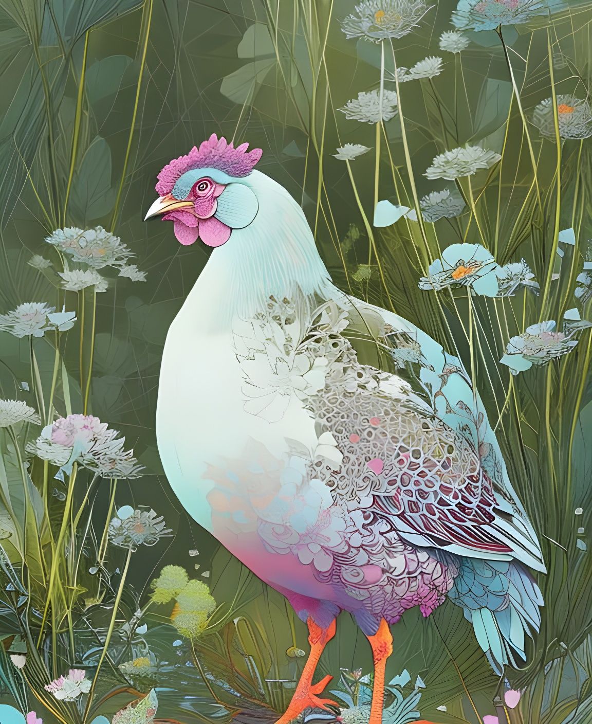 Hen Portrait in a Blooming Garden: Digital Art