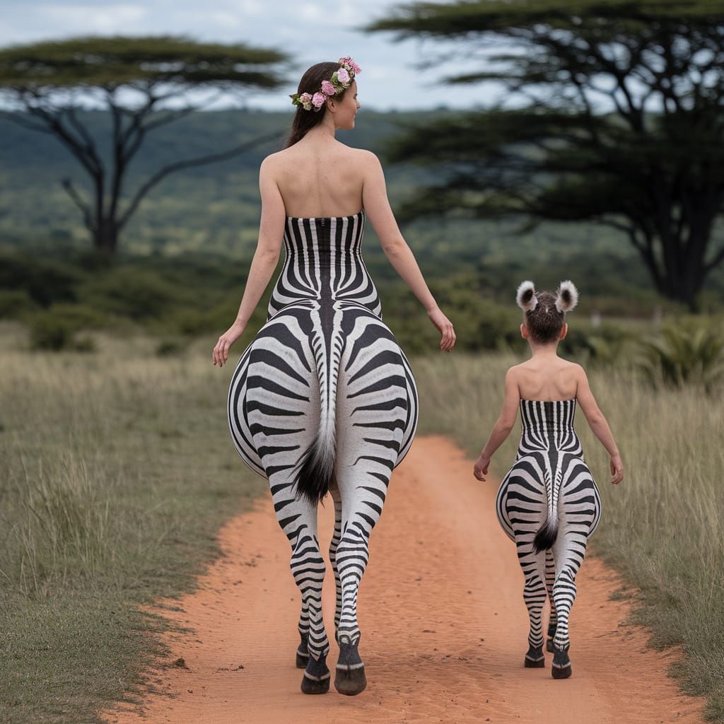 Zebra Centaur Mother and Child in Meadow