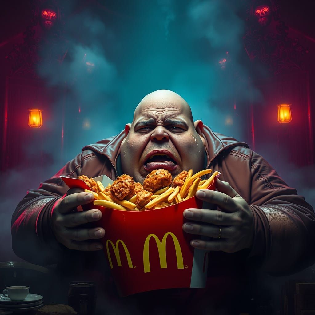 Distraught Figure Consumes Fried Delights in Eerie Lit Envir...