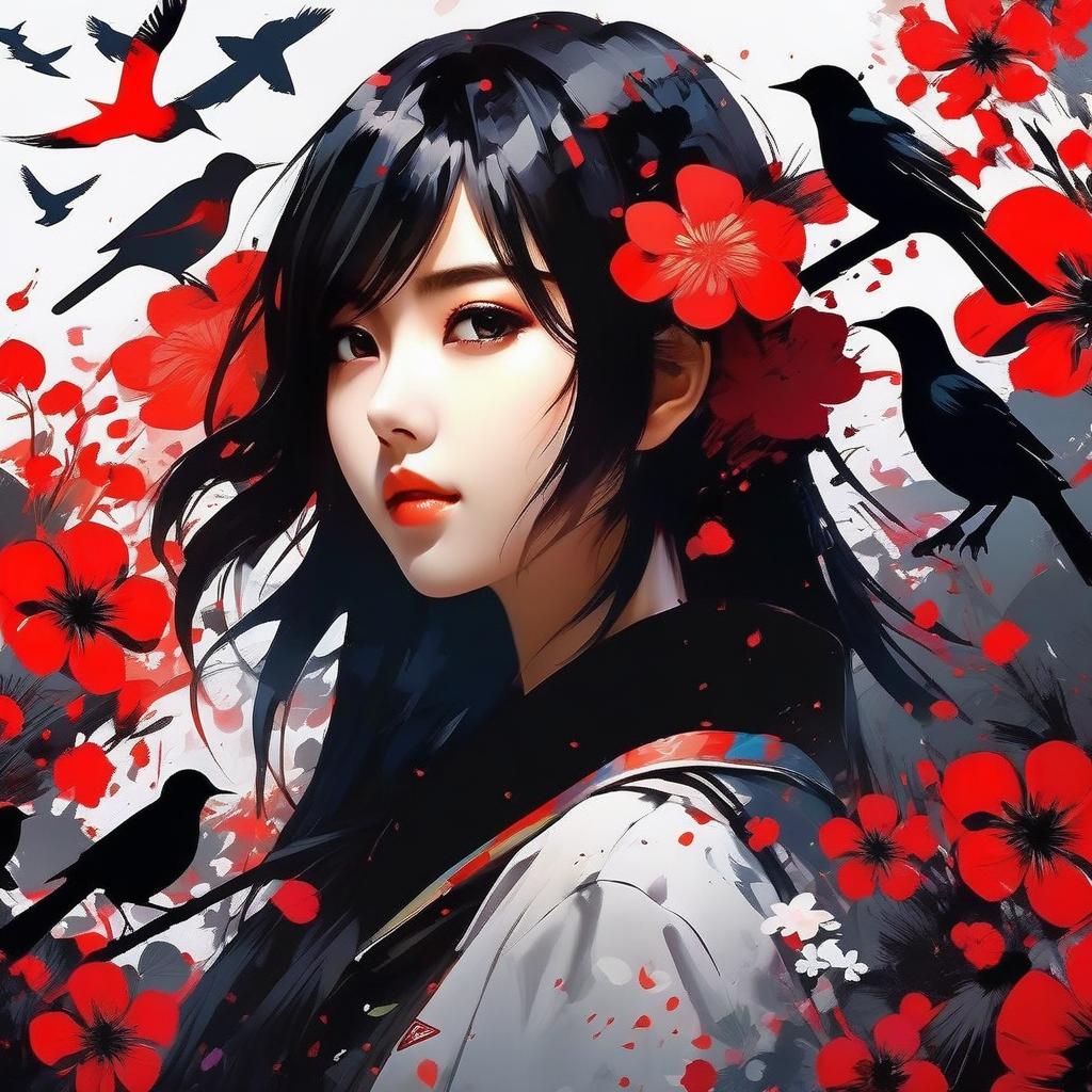 Anime Girl Silhouette with Floral Birds