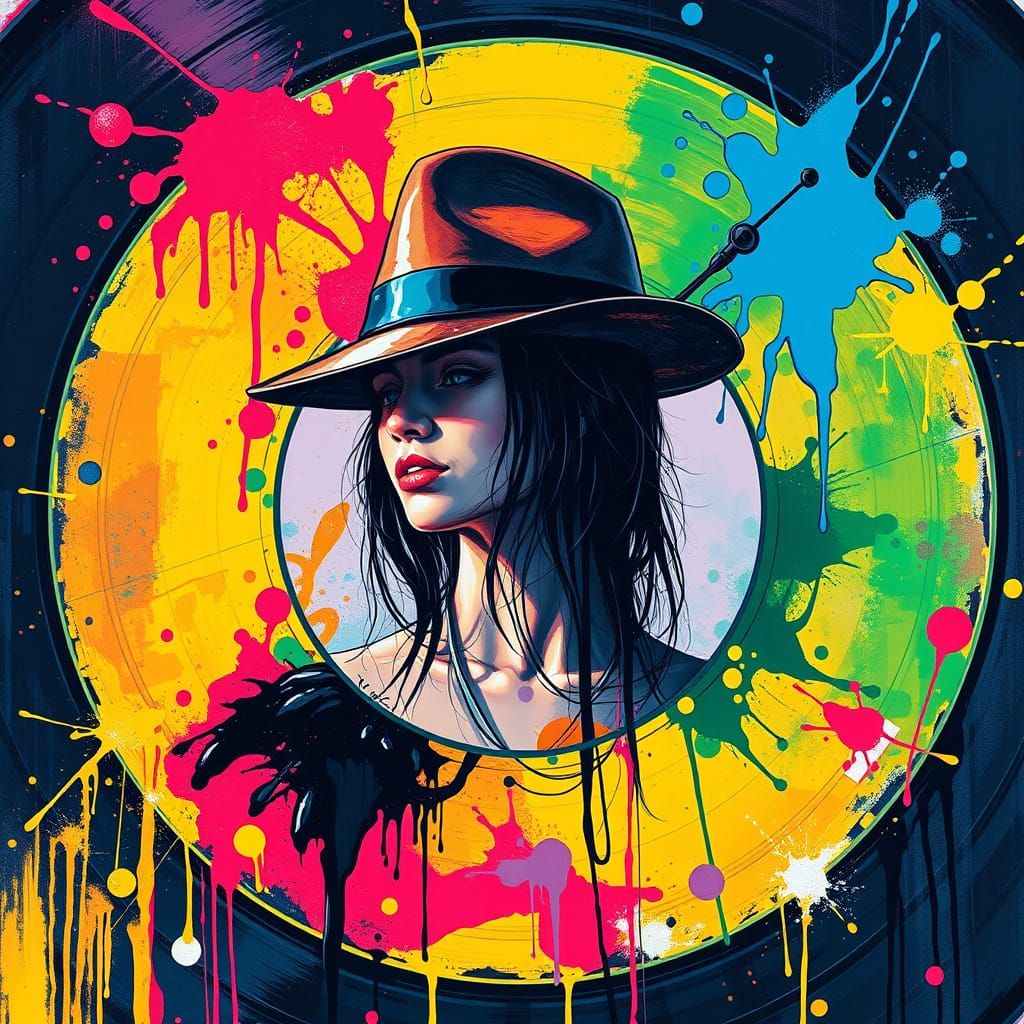 Woman in Vinyl Record: Graffiti Splash Art