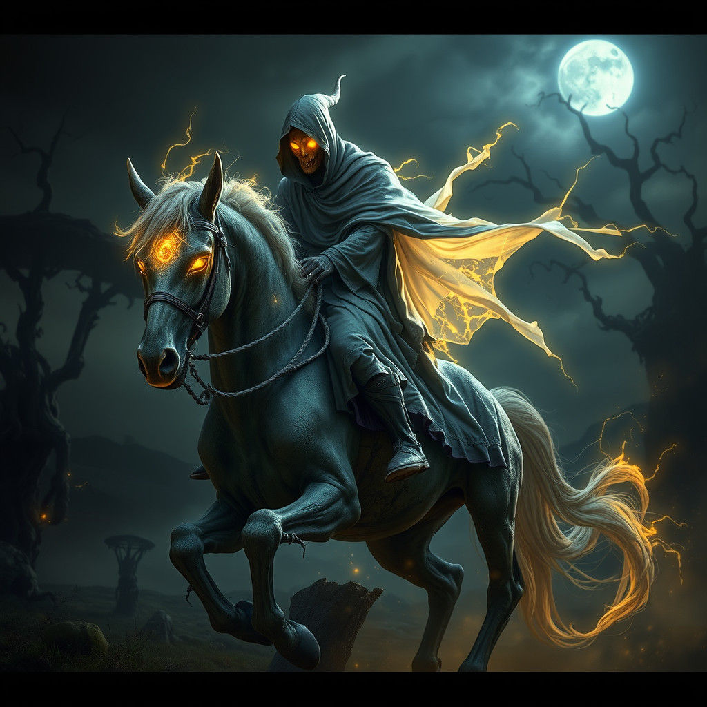 Ethereal Rider on Twisted Horse in Dark Fantasy Style