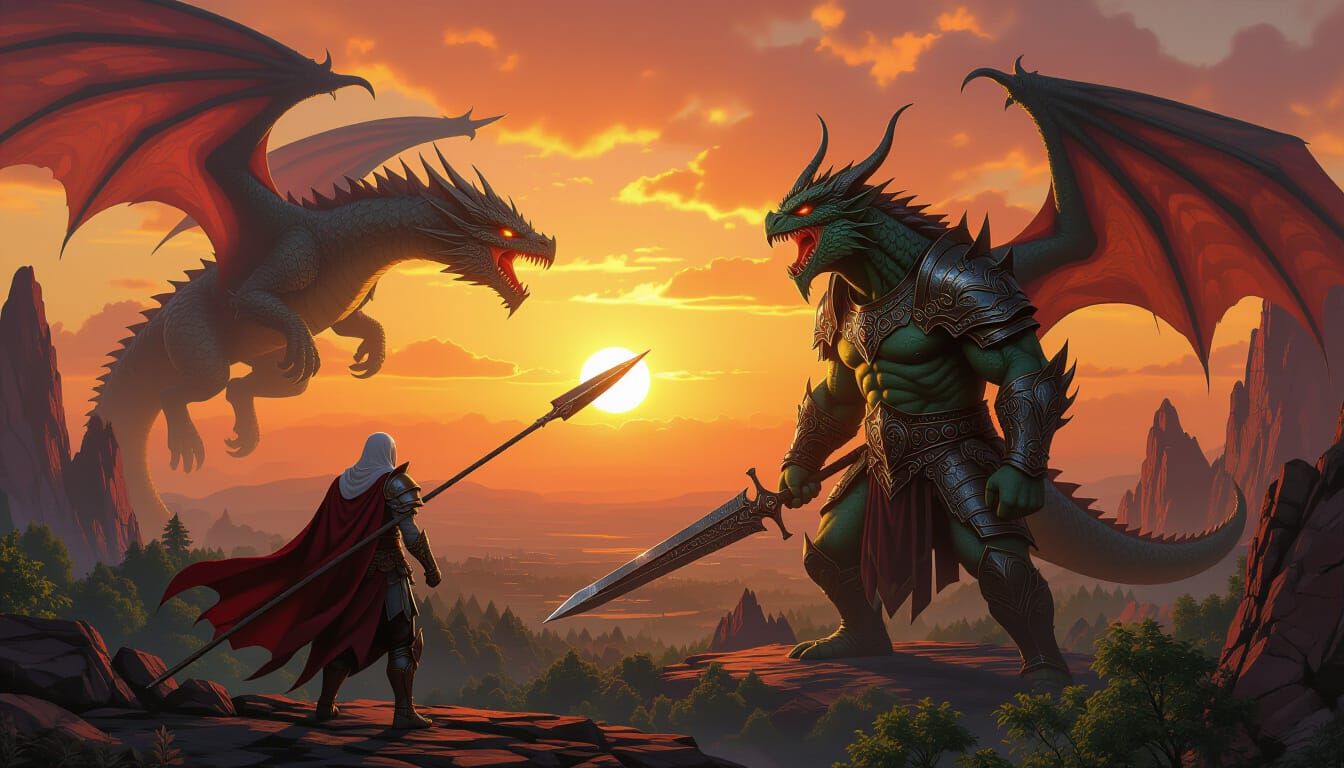 Futuristic Ogre King and Dragon in War Landscape