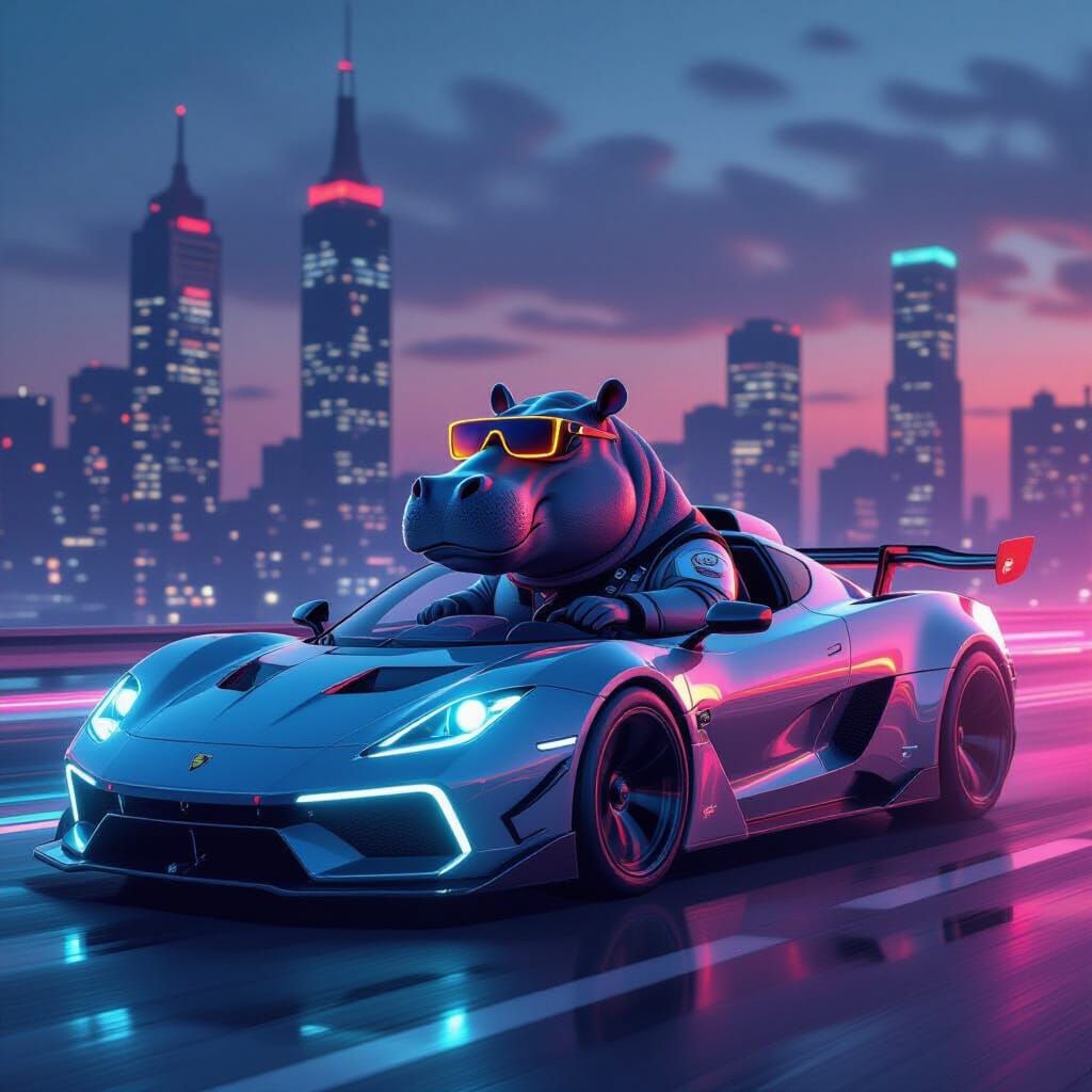 Cyberpunk Hippo Drives Futuristic Sports Car
