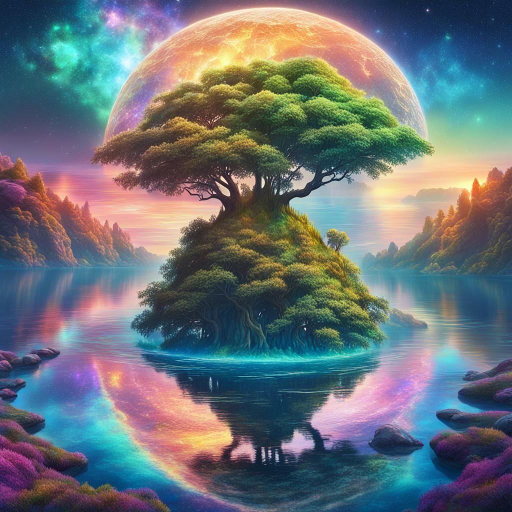 Cosmic Island Illustration in Mixed Media