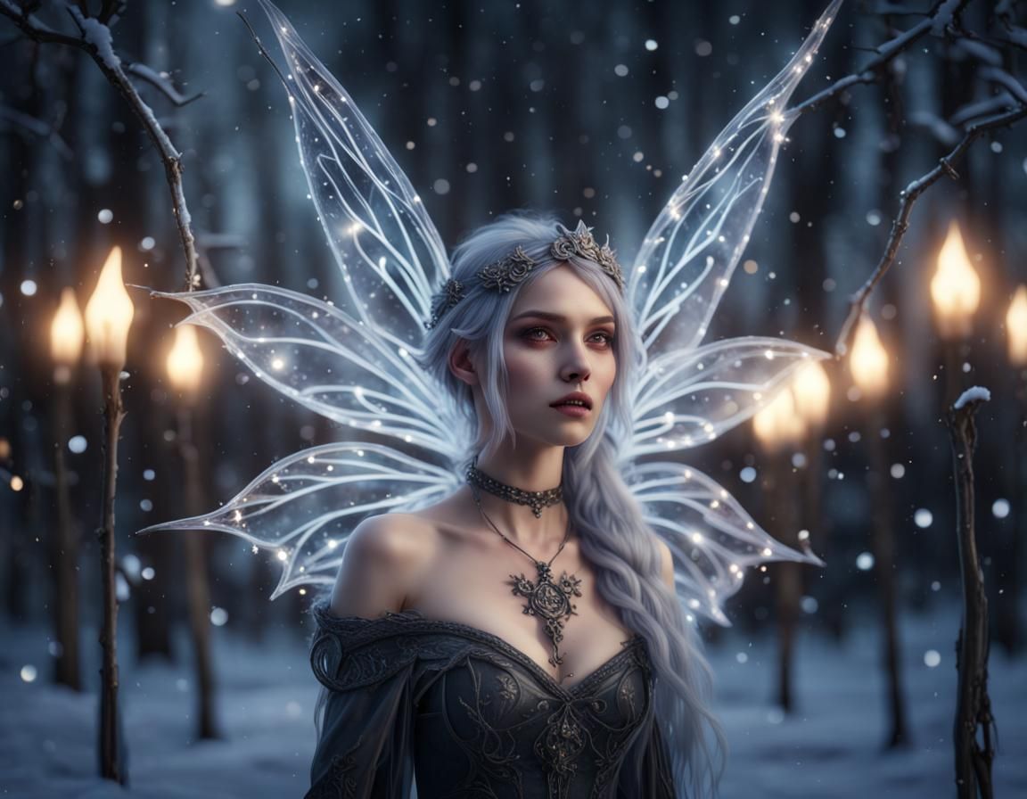 Gothic Winter Fairy in Hyperrealism with Glowing Lights