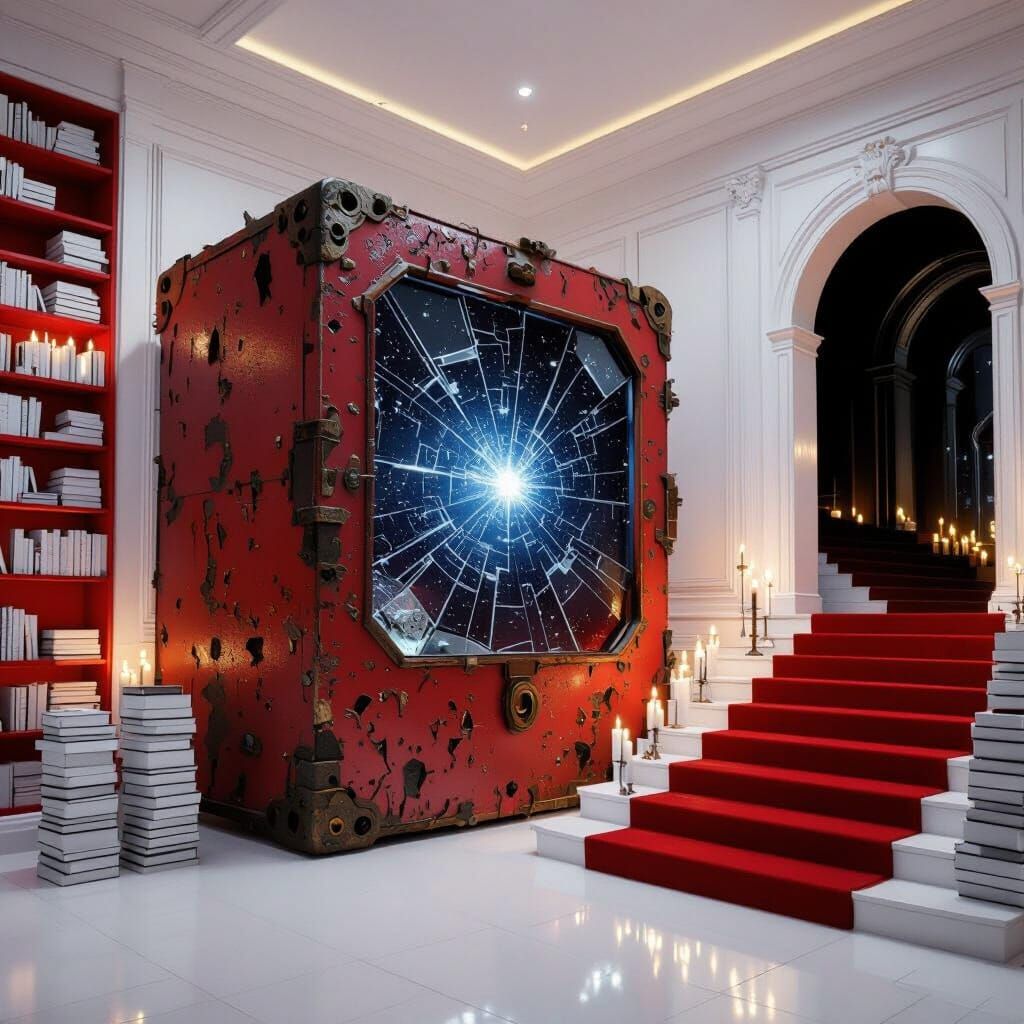 Gigantic Rusty Box in Pristine White Room