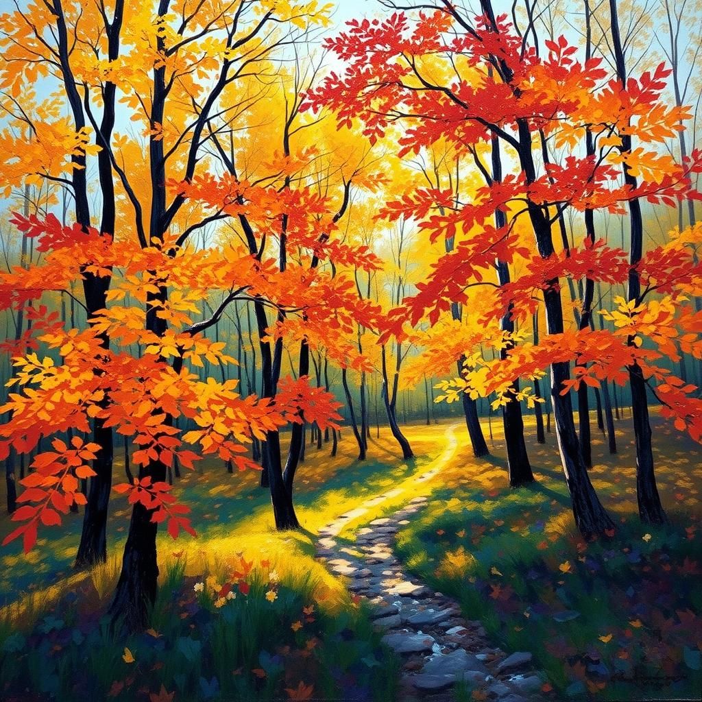 Neo-Impressionist Autumn Foliage in Golden Light