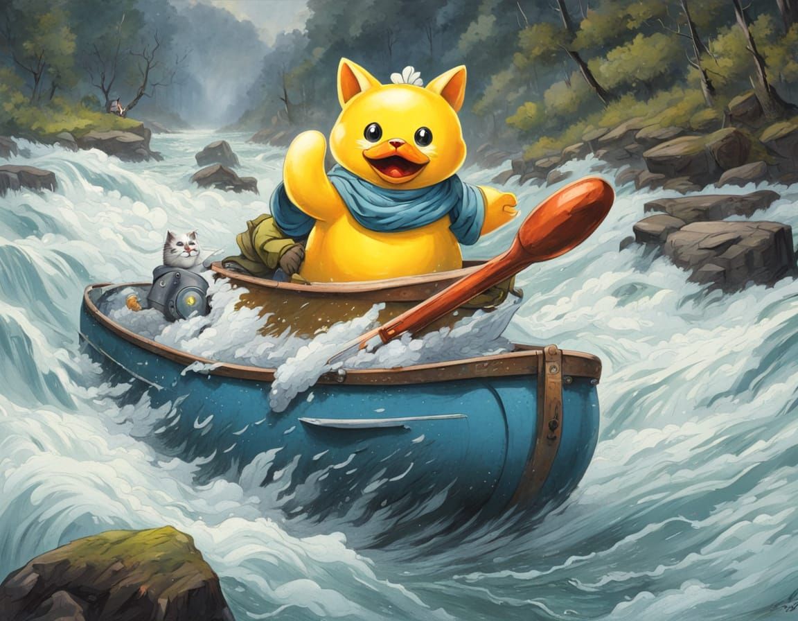 An anthropomorphic explorer cat riding a giant rubber duck d...
