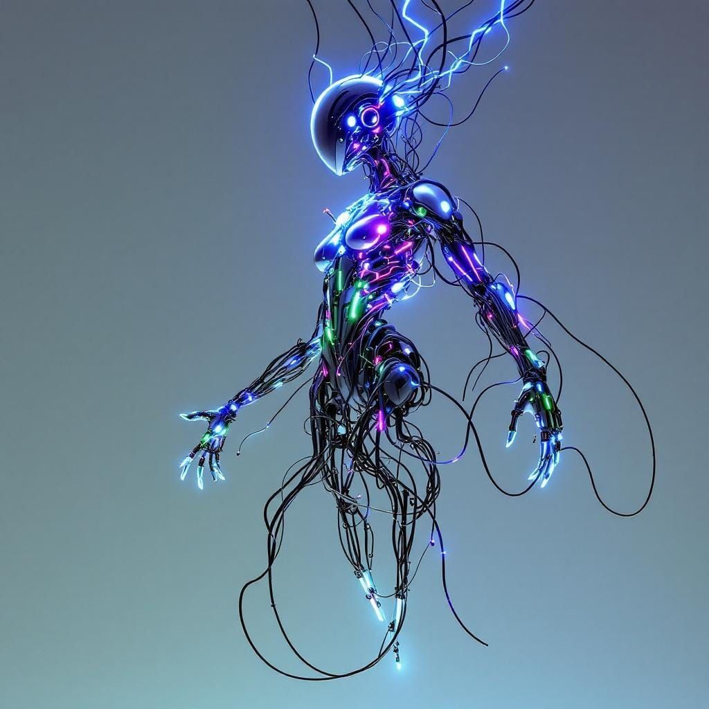 Cyberpunk Metallic Wire Humanoid with Neon Circuits