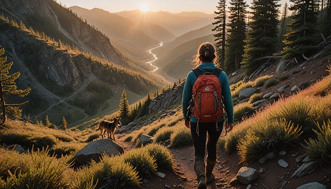 Hiker's Dawn Ascent: Misty Mountain Trail Sunrise