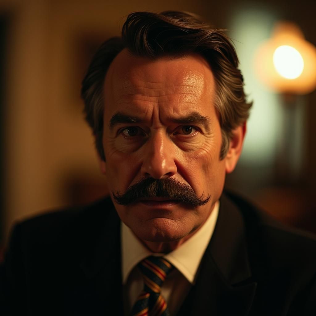 Dramatic Portrait of Man with Mustache in Film Style