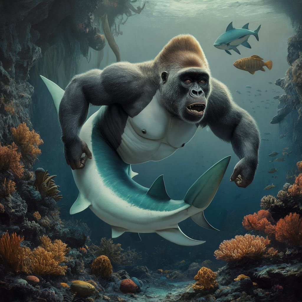 Mergorilla, gorilla top half, bottom half is a shark's tale,...