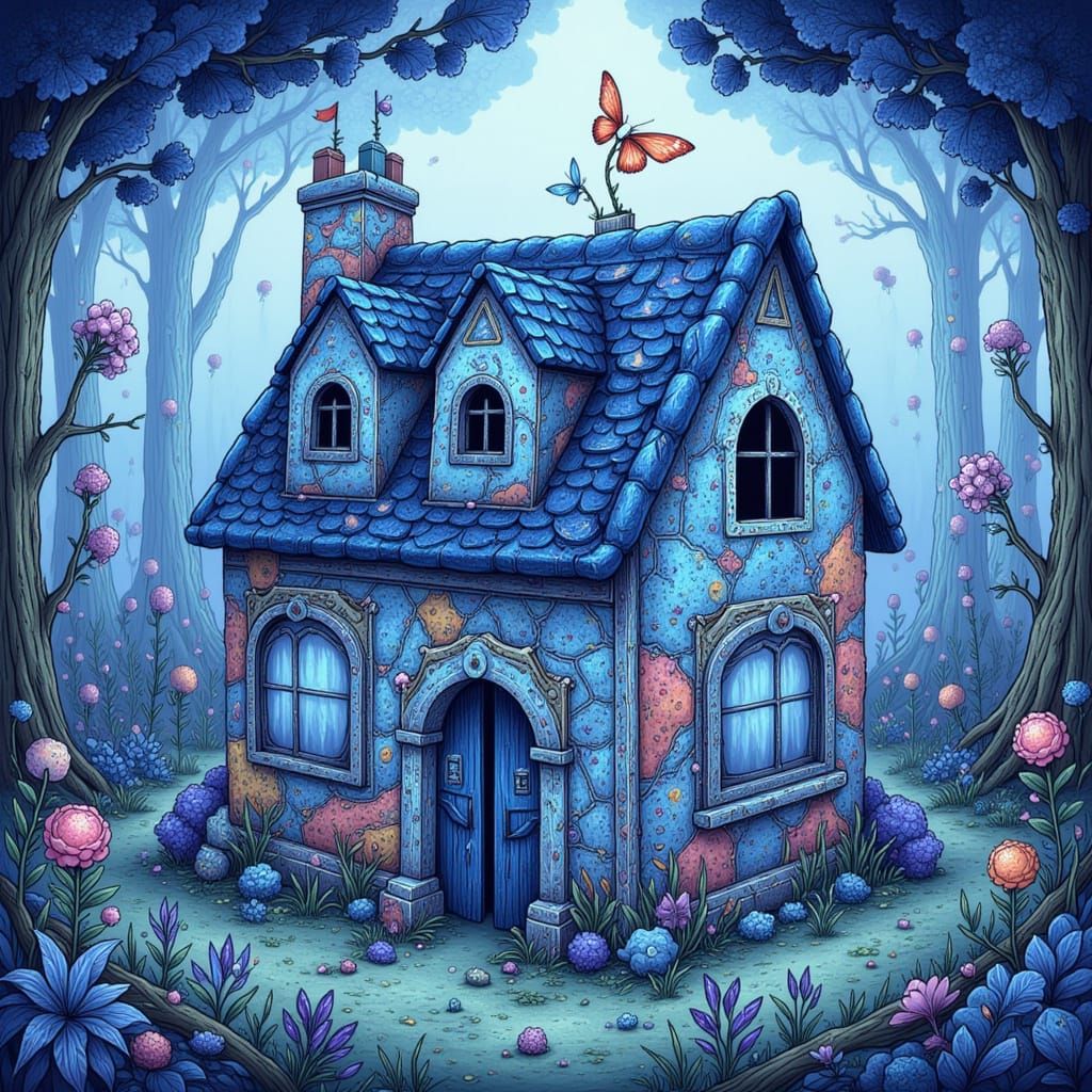 Patchwork Blue Fabric House in Storybook Style