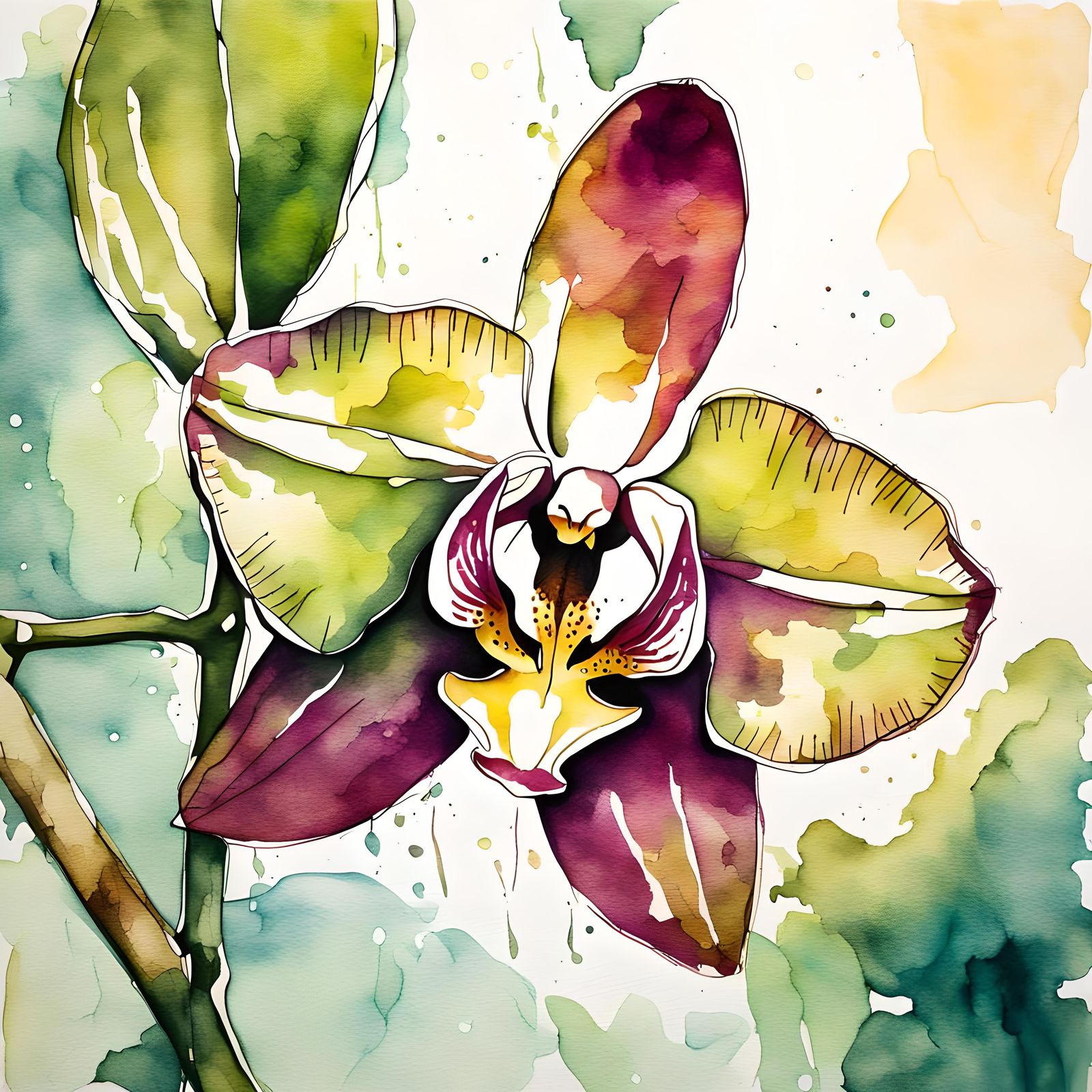 Green Orchid in Watercolor with White Ink