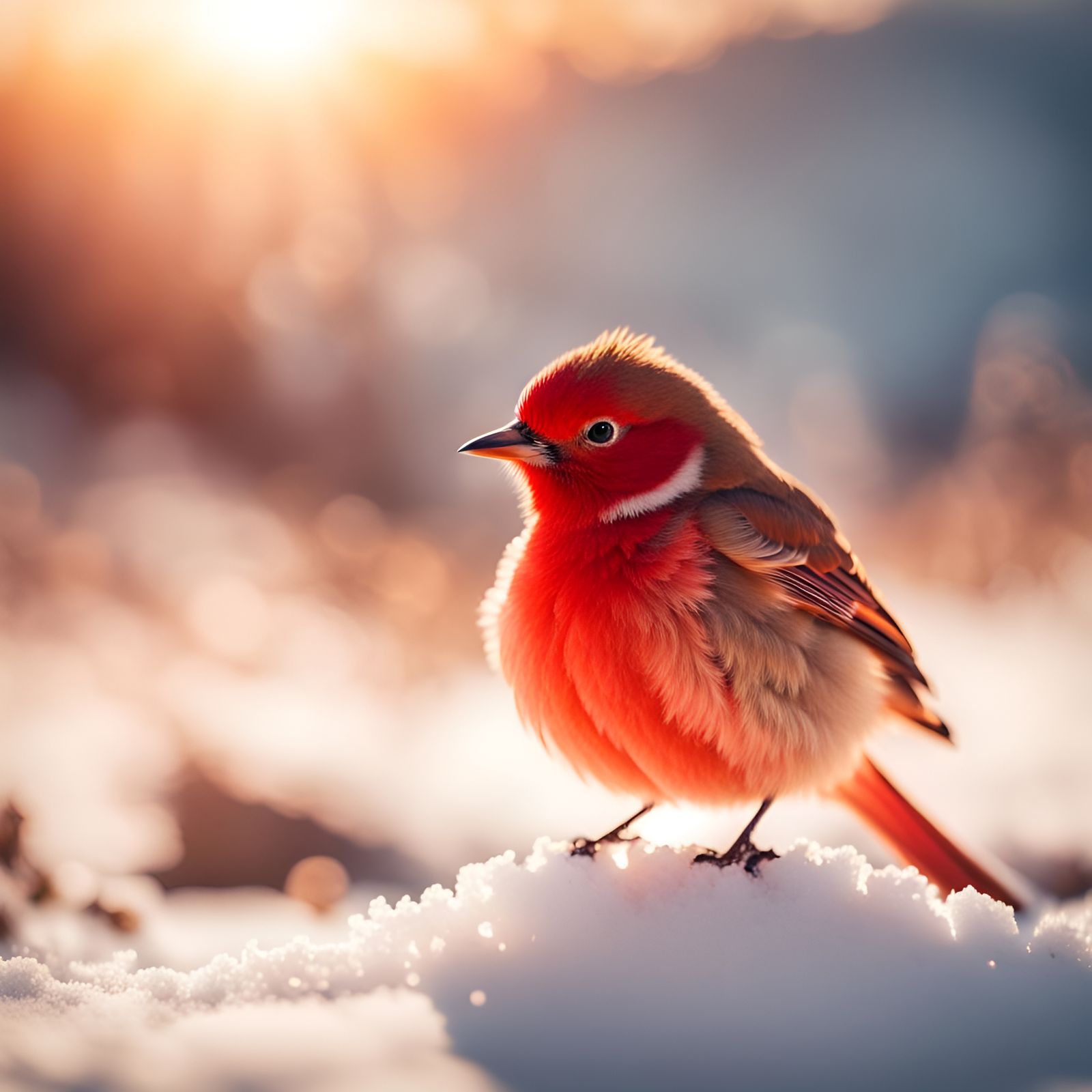 Red Bird on Snow in Mountain Landscape