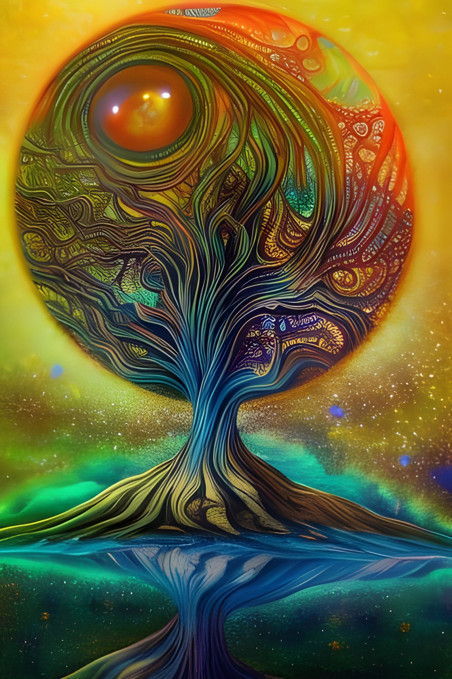 Holographic Bonsai Landscape with Crescent Moon in Dreamlike...