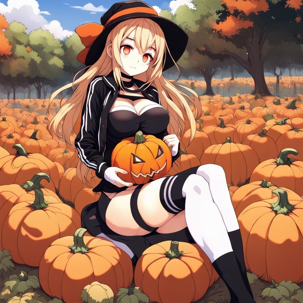 Pumpkin-Headed Girl in Pumpkin Patch, as 3D Digital Art