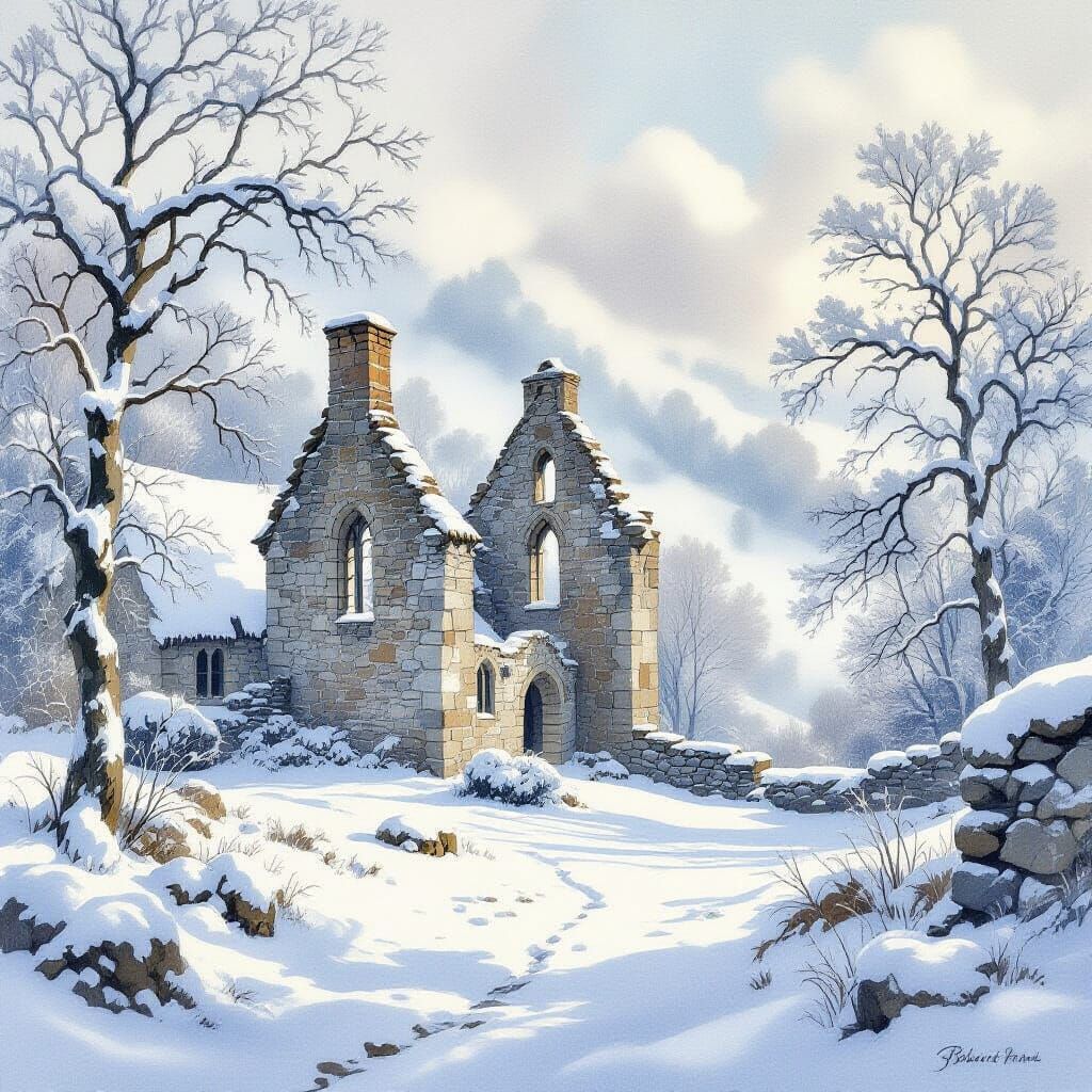 Medieval Winter Ruin Watercolour Landscape