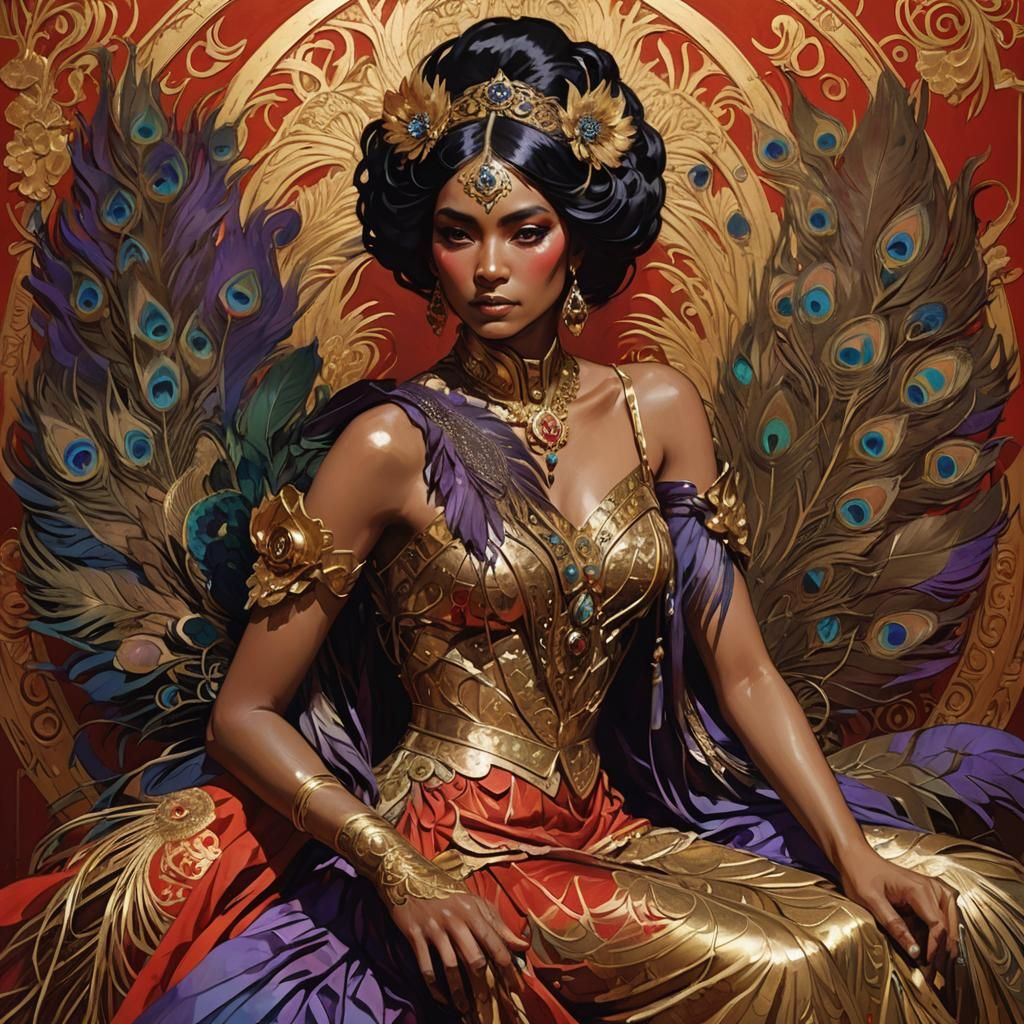Fantasy Women with Peacock Feathers, Mucha Style