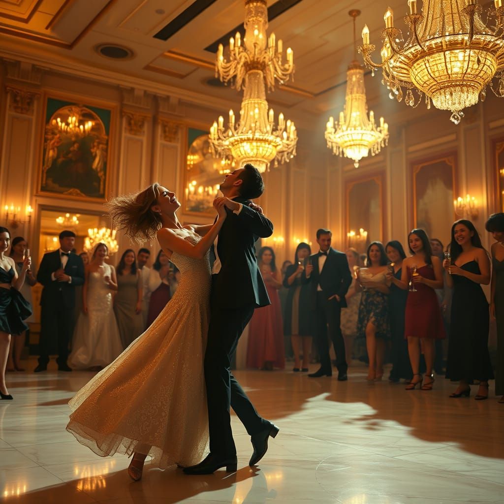 Golden-Lit Ballroom Euphoria in a Vibrant, Impressionist Sty...